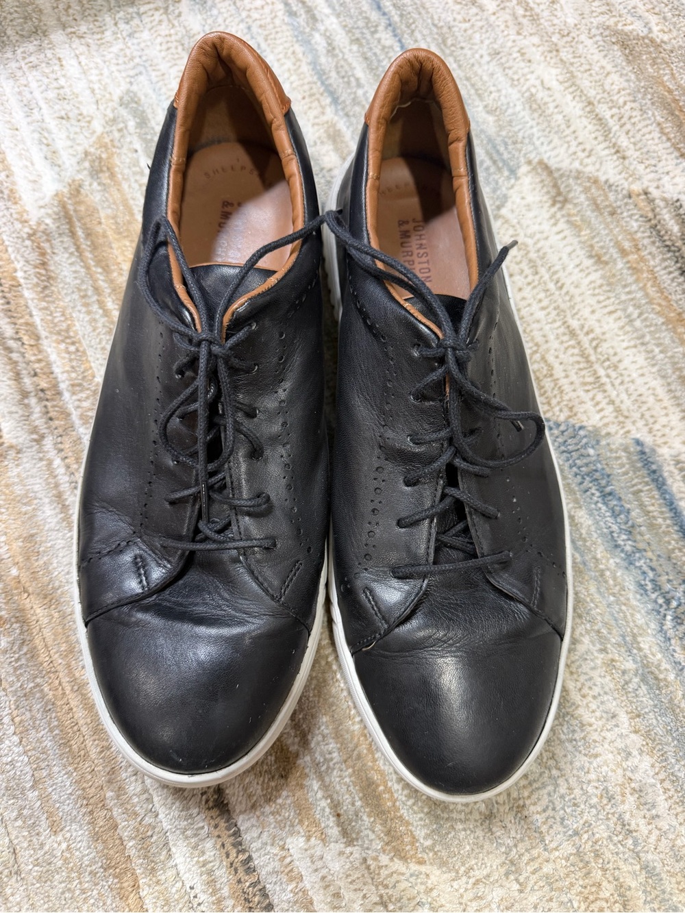 Johnston & Murphy Black Leather Lace-Up Sneakers with Brown Collar